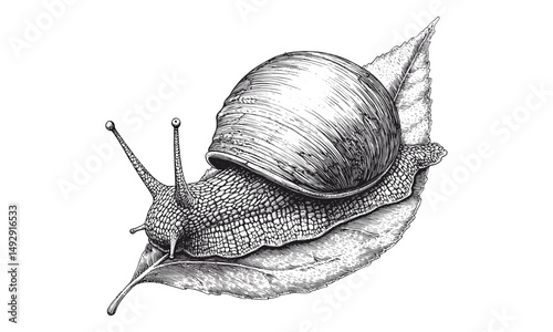 Vintage Hand-drawn Engraving of Snail on Leaf, Monochrome Nature Etching, Rustic Mollusk Line Art, Scientific Animal Print, Black Sketch, Old Engraving Style, Retro Fauna, Trendy Illustration