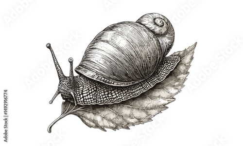 Detailed Vintage Snail on Leaf, Monochrome Engraving, Rustic Mollusk Line Art, Scientific Animal Print, Black Sketch, Old Engraving Style, Antique Fauna, Retro Nature Illustration