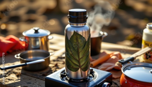 a thermos bottle covered in ridged solar leaf panels reflecting direct morning sun on a camping stove table surrounded by outdoor cooking gear