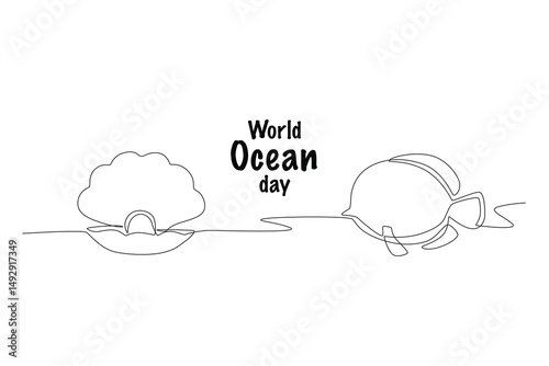 Shellfish and fish. World ocean day concept one-line drawing