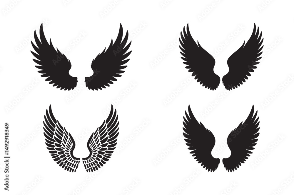 Obraz premium Wings Icon Set Angel, Bird, Feather, Flight, Tattoo, Silhouette Vector Design