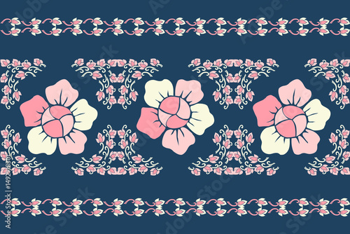 Elegant traditional Thai pattern featuring pink and cream kanok flame motifs and floral elements arranged in horizontal borders on a deep blue background. This seamless vector design is perfect 