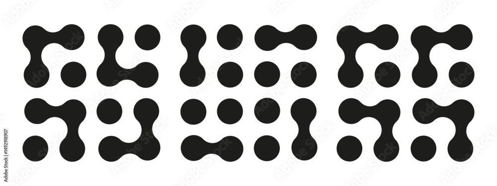Fototapeta premium Set of Metaball icons. Connected dots sign. Integration symbols. Circles abstract patterns. Point movement. Connected blobs. Metaballs transition.