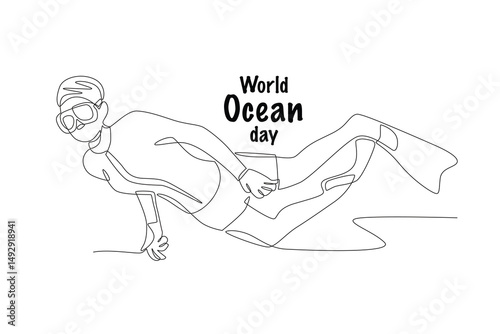 Diver. World ocean day concept one-line drawing