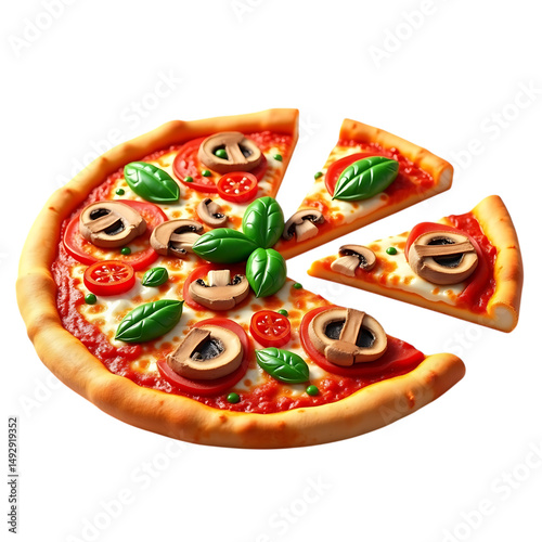 Delicious pizza with mushrooms, tomatoes, and basil on black background