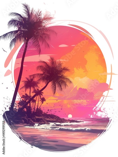 Colorful sunset scene of a tropical beach with palm trees.