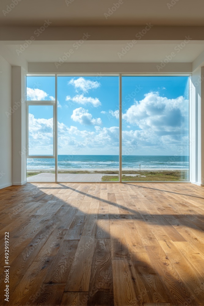 Fototapeta premium Modern Beach House Interior with Ocean View and Hardwood Floors in Natural Light from Large Windows