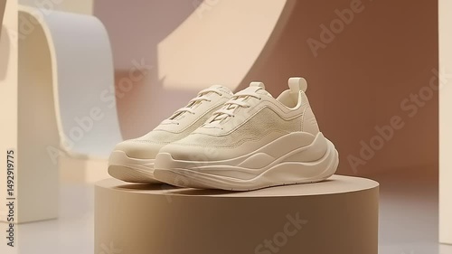 Beige athletic shoes on a display.