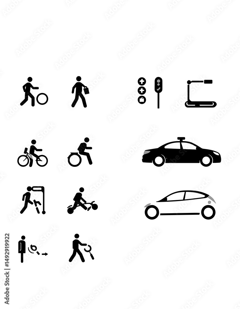 Naklejka premium Urban Mobility Icons: A set of minimalistic black and white icons representing various modes of urban transport, perfect for modern design applications, signaling simplicity.