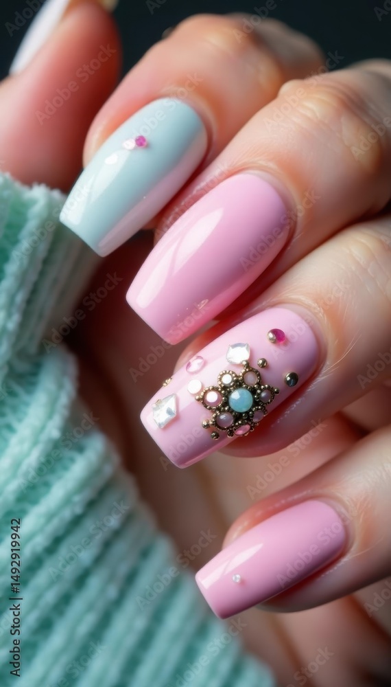 Close-up of trendy nails, pastel shades, glitter accent, glam, abstract Close-up of trendy nails, pastel shades, glitter accent, glam, abstract