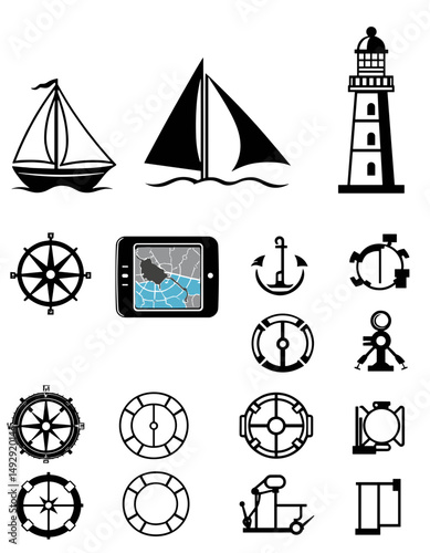 Nautical Collection: A curated array of nautical icons, from sailboats to lighthouses, inviting exploration and adventure, designed for various themes.