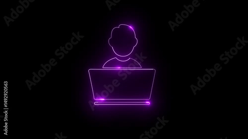 neon light man working on laptop symbol, Pictogram man sits at a table and working at laptop motion business, businessman chat communication computer developer digital employee flat freelance
