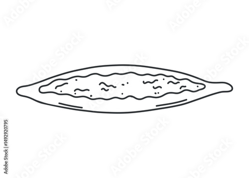 Turkish meat flatbread pide with vegetables in line art doodle. Hand drawn black and white traditional food illustration. Isolated sketch for menu or food design.
