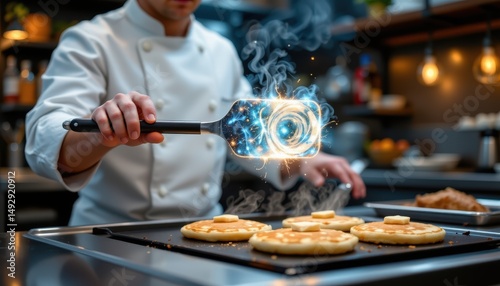 a cooking demonstration environment with a chef holding an ai spatula that glows and reshapes while flipping pancakes on a hot griddle