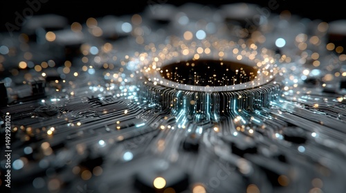 Abstract close-up of a glowing circular element with light trails and circuit patterns.
