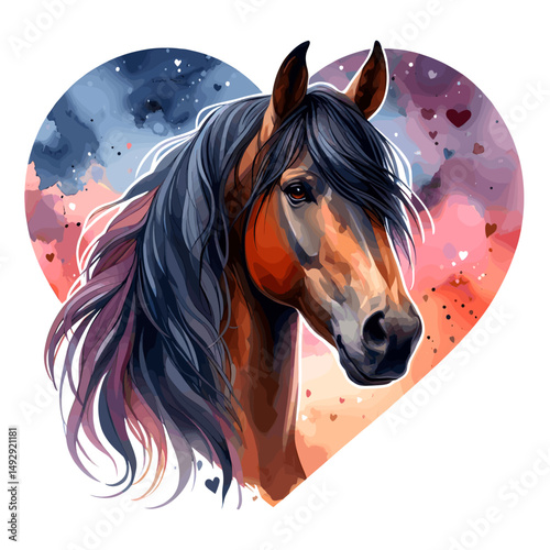 Horse. Heart. Horse head.  Portrait. Watercolor style. Isolated on a white background. Banner. Vector illustration, AI