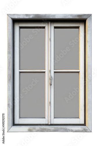 A slightly weathered white window with four panes and a silver handle against a black background on transparent background