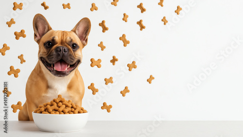 Happy French Bulldog with Bowl of Dog Treats and Flying Biscuits on White Background