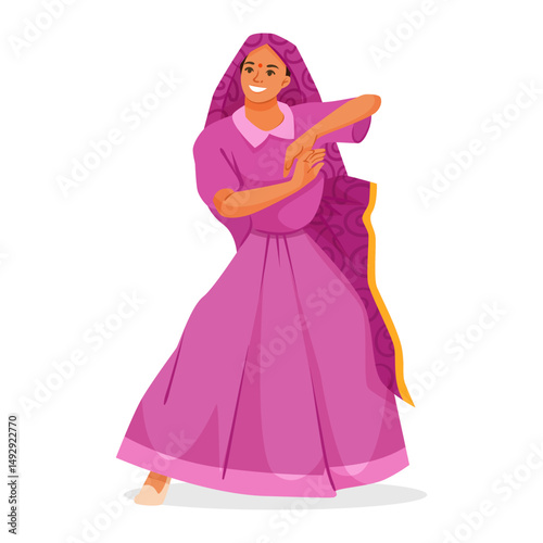 Woman in pink traditional dress performing dance, flat graphic style, white background. Concept of cultural celebration. Vector illustration