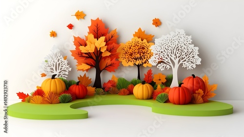 Stylized autumn scene with paper cut trees, pumpkins, and leaves on a green platform against a white background