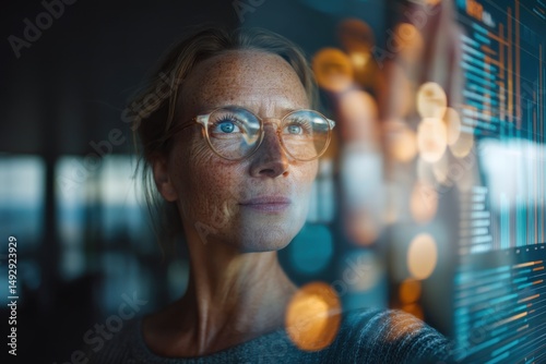 Woman Analyzing Data on Glass Screen, Representing Business Intelligence and Technological Advancement in the Digital Workplace of the Future : Generative AI