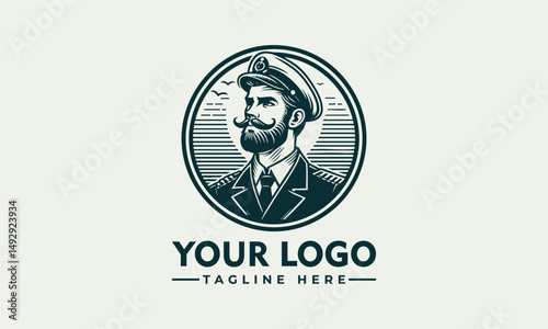 Bearded male ship captain illustrated in vintage emblem portrait with maritime uniform. Transportation concept
