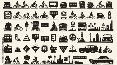 Urban Transportation Icons: A collection of minimalist silhouettes depicting various modes of urban transport and traffic signs, symbolizing the dynamic flow of city life and mobility.