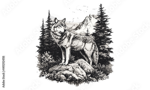 Engraving Line Art, Black Sketch Effect, Wolf in Mountain Scene, Rustic Wildlife Drawing, Vintage Animal Engraving, Old Engraving Style, Nature Print, Wilderness Decor, Trendy Wildlife Art