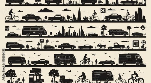 City Transportation Silhouette: A monochrome representation of urban and road transportation, showcasing various vehicles and modes of transport within a city. 