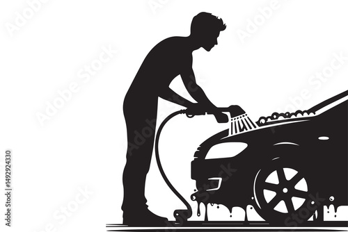 Man washing a car silhouette vector on white background. Car wash logo