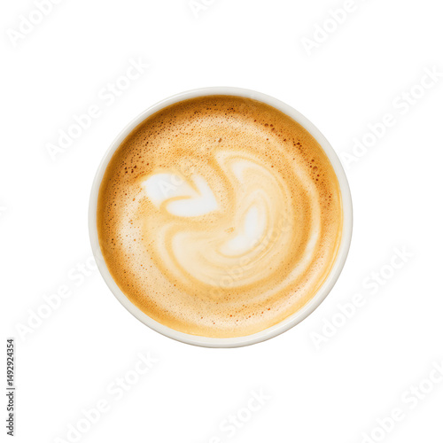 A top down view of a cappuccino in a white cup with latte art on a black background in a studio shot on transparent background