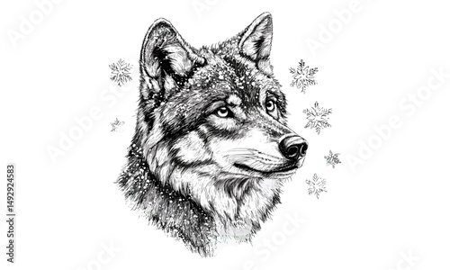 Detailed Wolf with Snowflakes, Rustic Nature Drawing, Black Sketch Effect, Hand-drawn Winter Scene, Vintage Animal Print, Engraving Style, Forest Wildlife Decor, Black Sketch, Trendy Animal Art