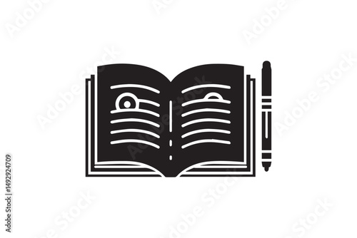 Open book with pen black vector on white background. Book icon illustration