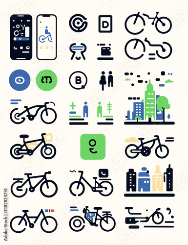 City Bike Icons Set: A diverse collection of city bike icons in an illustrative design, showing bicycles, route icons.