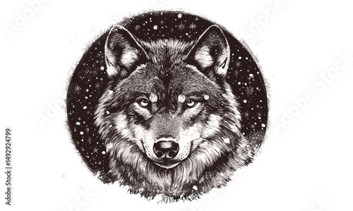 Hand-drawn Winter Scene, Vintage Animal Print, Rustic Nature Drawing, Detailed Wolf with Snowflakes, Black Sketch Effect, Forest Wildlife Decor, Old Engraving Style, Trendy Black Sketch