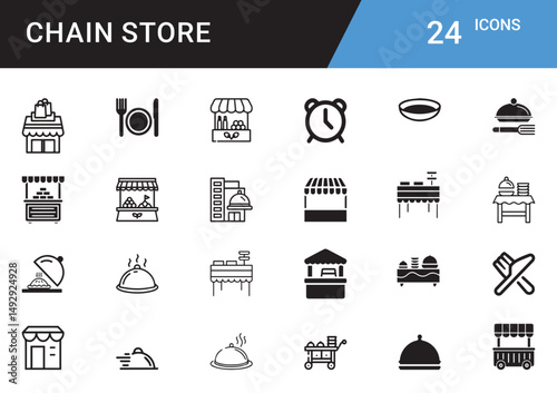 Chain Store Icon Set: A collection of 24 icons representing different elements of a chain store. This set captures essential components, from dining to delivery.