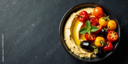 Wallpaper Mural Creamy Hummus Bowl Topped with Colorful Cherry Tomatoes and Sweet Peppers, Garnished with Fresh Herbs and a Drizzle of Olive Oil Torontodigital.ca