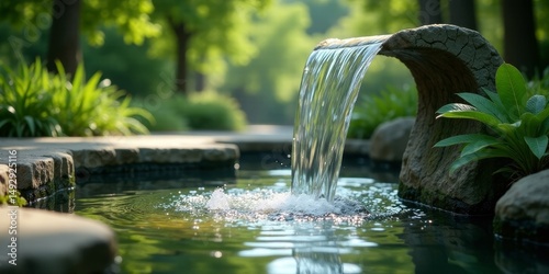 Wallpaper Mural Serene Water Feature Cascading into a Tranquil Pond, Surrounded by Lush Greenery and Natural Stone Torontodigital.ca