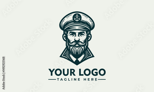 Bearded male ship captain illustrated in vintage emblem portrait with maritime uniform. Transportation concept
