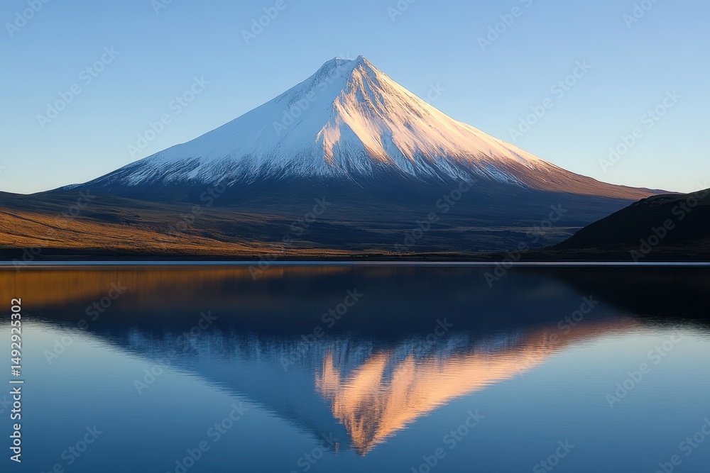 Fototapeta premium Snow-capped mountain reflects perfectly in the still, blue lake water. Ideal for travel brochures, nature blogs, or stunning desktop wallpaper.