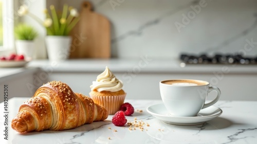 Wallpaper Mural A delightful morning pastry arrangement featuring a flaky croissant, a creamy cupcake, and a cup of aromatic coffee, all elegantly displayed on a pristine marble surface Torontodigital.ca
