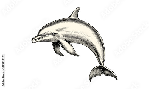 Vintage Dolphin Swimming Horizontally, Rustic Marine Animal Sketch, Old Engraving Style, Scientific Ocean Drawing, Hand-drawn Ocean Etching, Coastal Wall Art, Nautical Wildlife Print