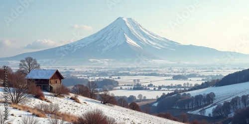 Wallpaper Mural Serene Winter Landscape Featuring a Snow-Covered Mountain and Rustic Cabin Torontodigital.ca