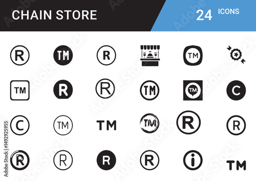 Registered Trademark Icons: A collection of minimalist icons represents concepts of intellectual property, copyright, and protection, ideal for web and print graphics.