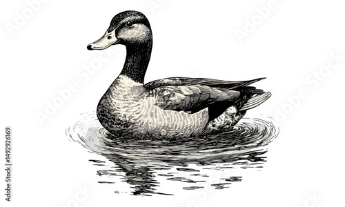 Rustic Waterfowl Art, Duck Swimming on Pond, Vintage Farm Animal Drawing, Black Sketch, Hand-drawn Engraving, Pastoral Wildlife Print, Monochrome Duck Illustration, Vintage Wall Decor