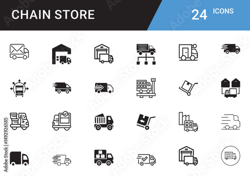 Chain Store Icons: A comprehensive collection of chain store icons in a simple flat line design, offering versatility for diverse applications, perfect for illustrating supply chain and distribution.