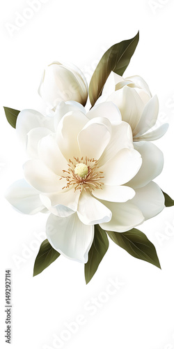 A close up of a white magnolia flower with green leaves against a black background isolated shot on transparent background
