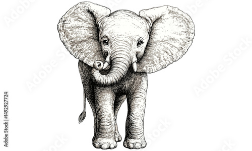 Rustic Baby Elephant Art, Vintage African Wildlife Line Drawing, Old Engraving Etching Style, Hand-drawn Natural History Illustration, Monochrome Calf Sketch, Safari Wall Art Print