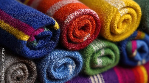 Stack of rolled colorful towels with stripes and textured fabric.