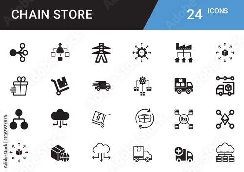 Chain Store Icon Set: A comprehensive set of 24 meticulously crafted icons representing various aspects of chain store operations, from logistics to networking. Perfect for presentations, websites.